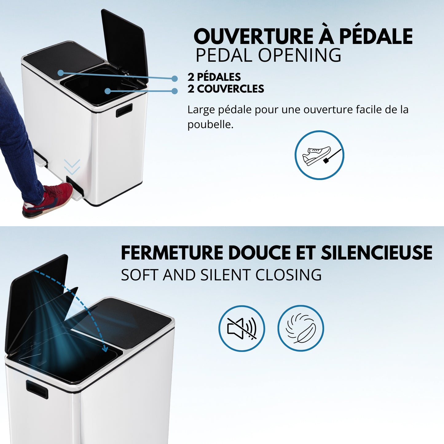 Poubelle de cuisine à pédale tri sélectif grande capacité 60L (2x30L) MAJOR en acier Inox Blanc