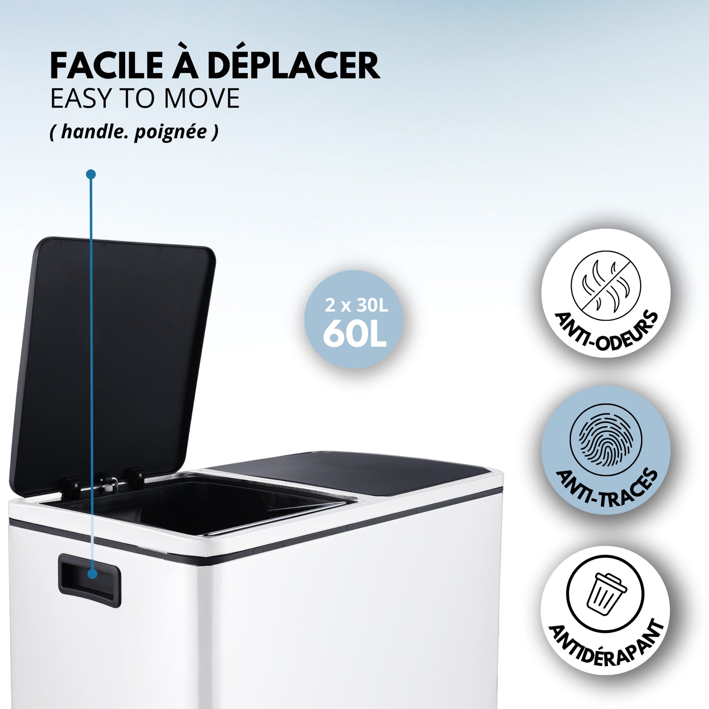 Poubelle de cuisine à pédale tri sélectif grande capacité 60L (2x30L) MAJOR en acier Inox Blanc