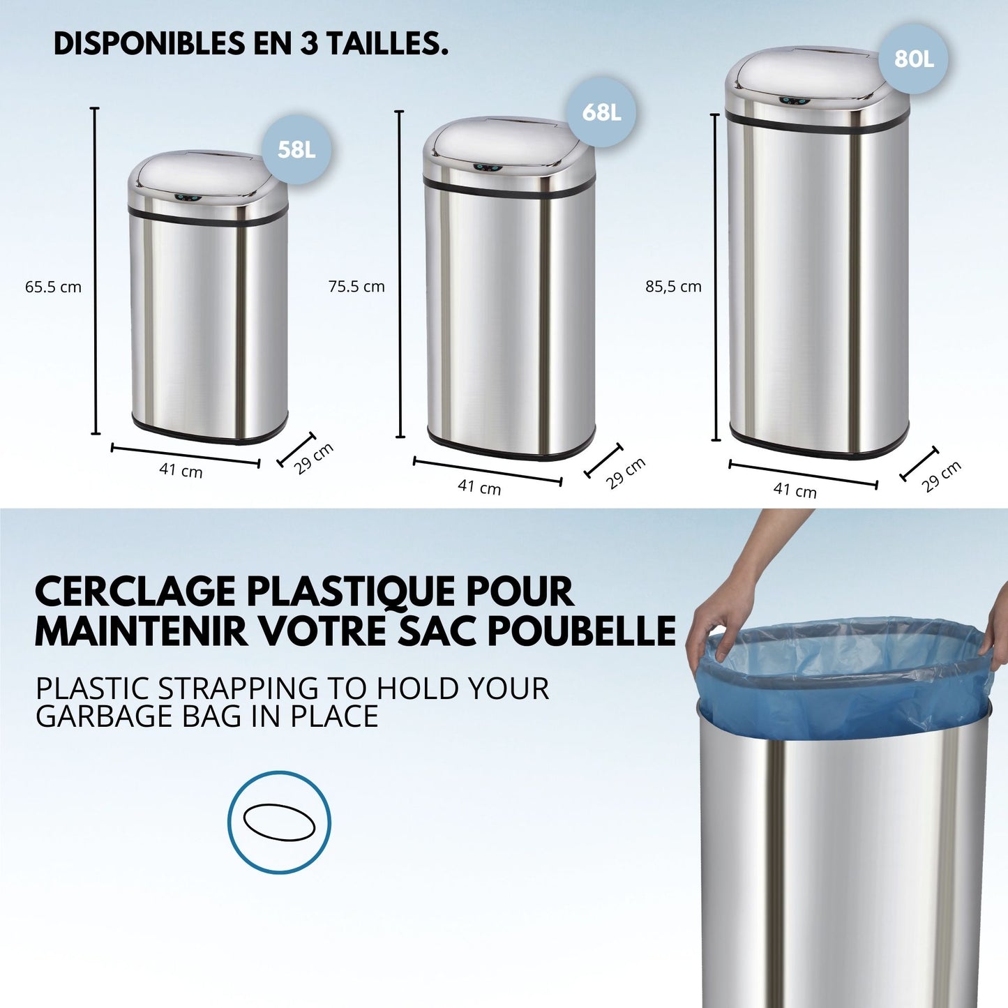 Poubelle de cuisine automatique 58L MAJESTIC grande capacité en acier INOX avec cerclage