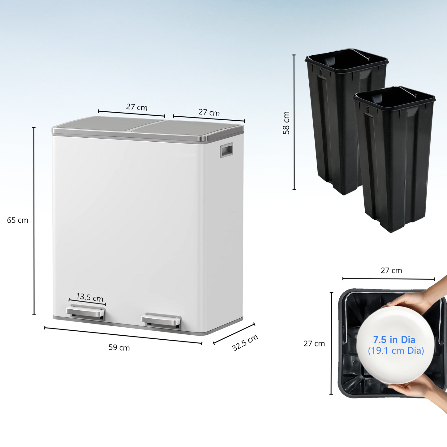 Poubelle de cuisine à pédale tri sélectif grande capacité 60L (2x30L) MAJOR en acier Inox Blanc