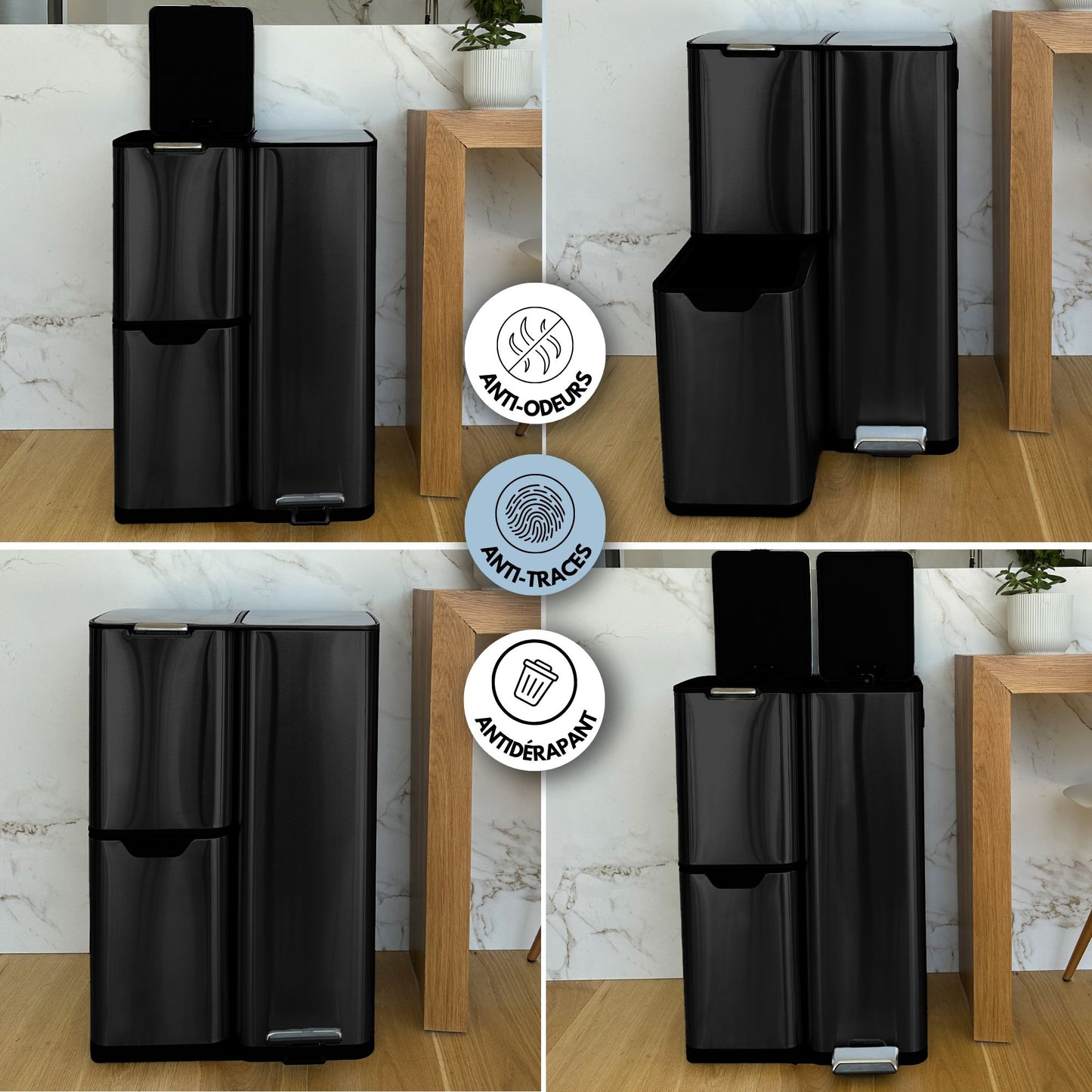 Poubelle de cuisine à pédale tri sélectif recyclage 60L(13+17+30L) HAJA en acier Inox Noir avec seau