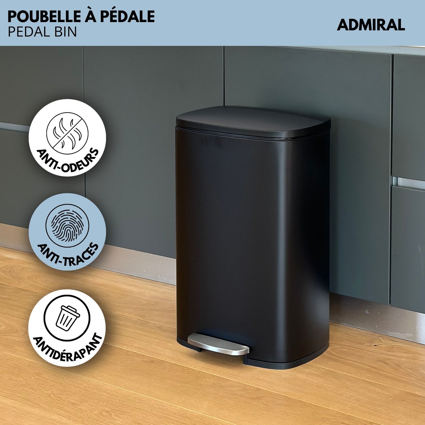 Poubelle de cuisine à pédale 50L Design ADMIRAL Noir mat en acier Inox avec seau et fermeture douce