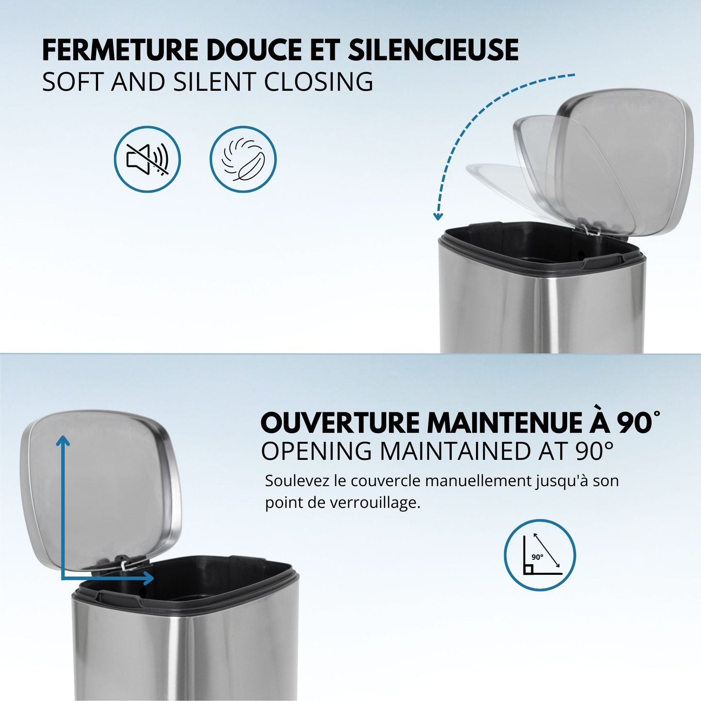 Poubelle de cuisine à pédale 50L Design ADMIRAL en acier Inox brossé avec seau et fermeture douce