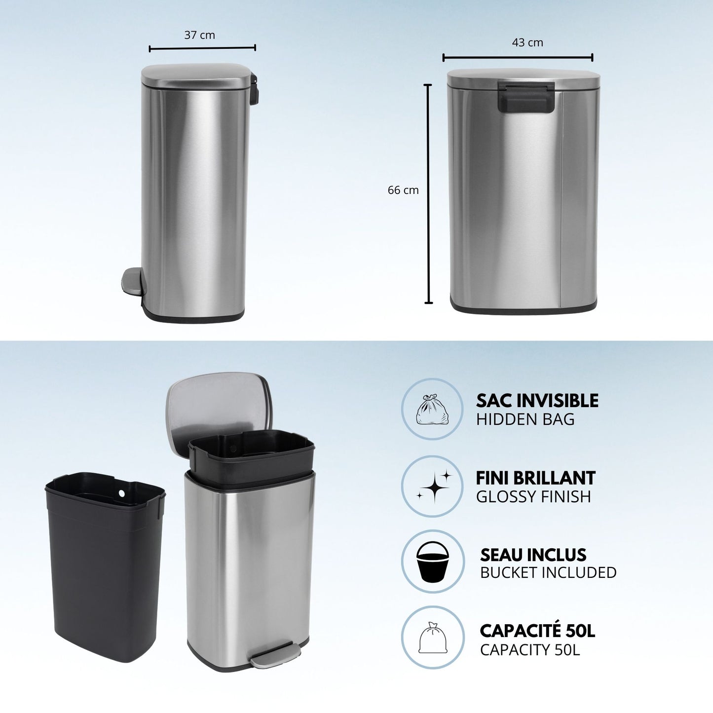 Poubelle de cuisine à pédale 50L Design ADMIRAL en acier Inox brossé avec seau et fermeture douce