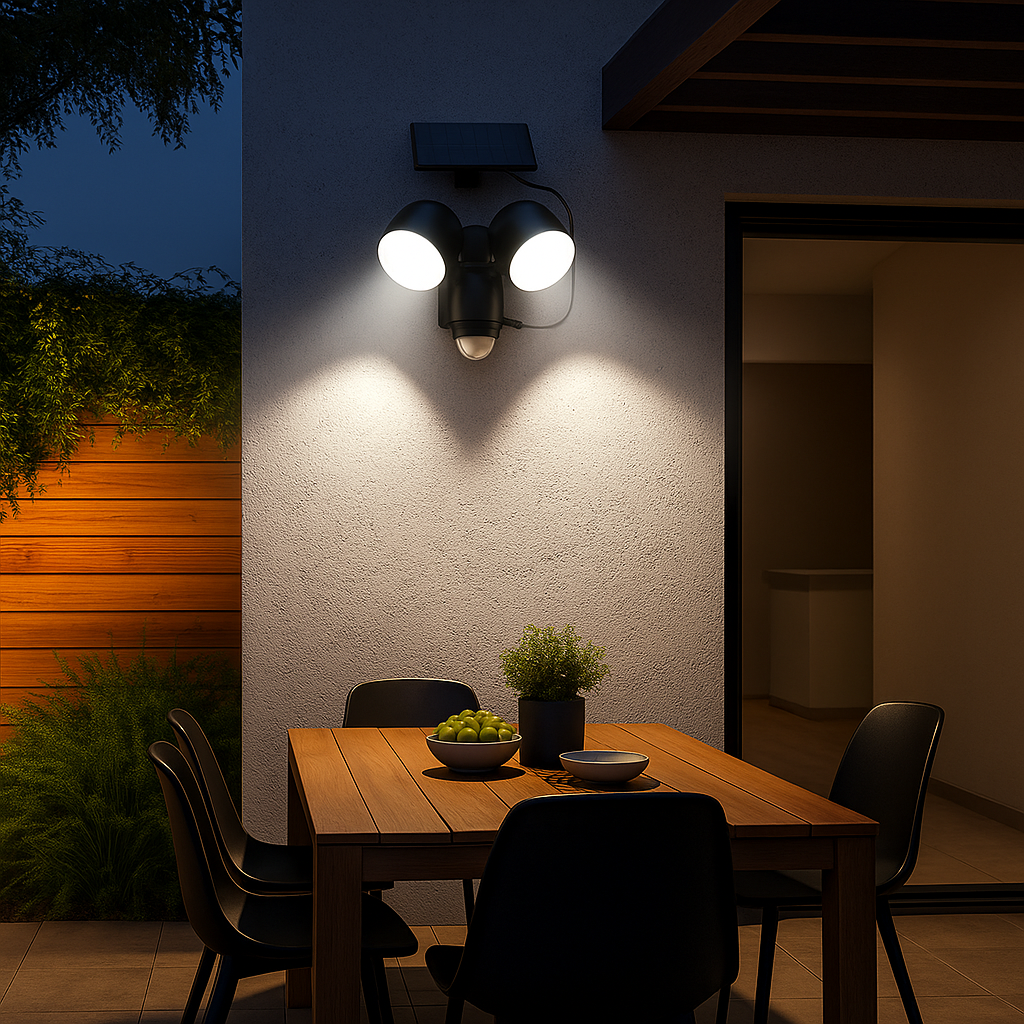 Lot de 2 projecteurs solaires deux têtes orientables LED blanc 1000 lumens panneau solaire déporté avec détecteur de mouvement 2x WALEE BLACK