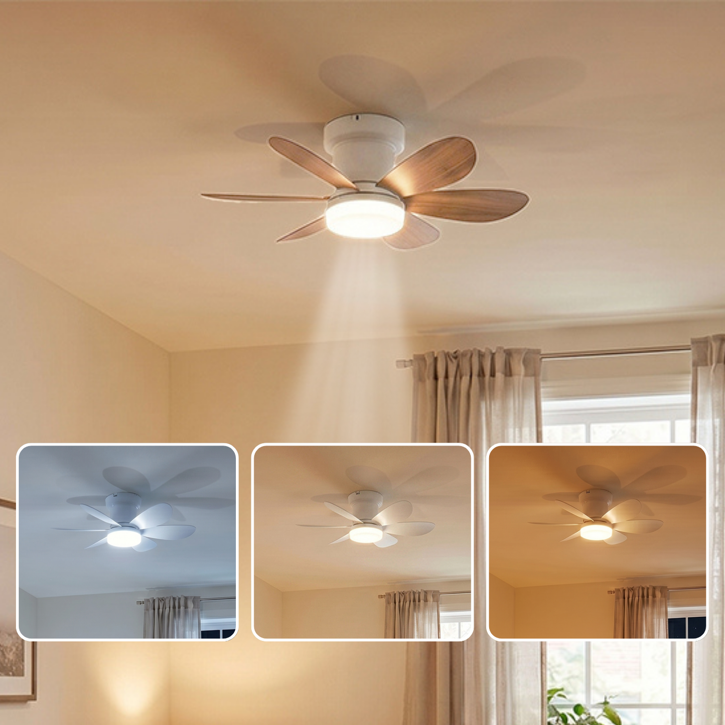 Ventilateur de Plafond 52cm avec Lampe LED MISTRAL Petit Ventilateur Silencieux Chambre Enfant Bureau Cuisine Moteur DC Basse Consommation Réversible Ete Hiver avec Télécommande Couleur bois
