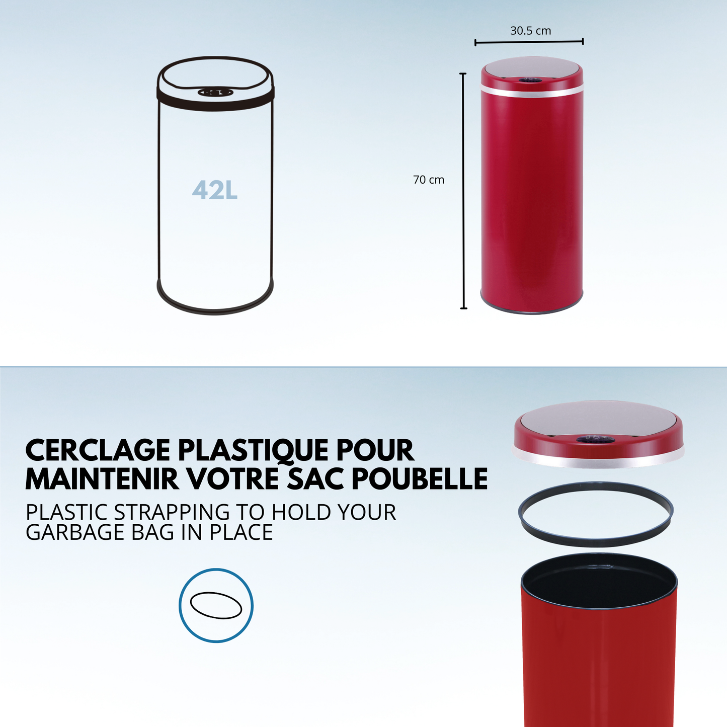 Poubelle de cuisine automatique 42L SOHO Rouge mat en acier INOX avec cerclage