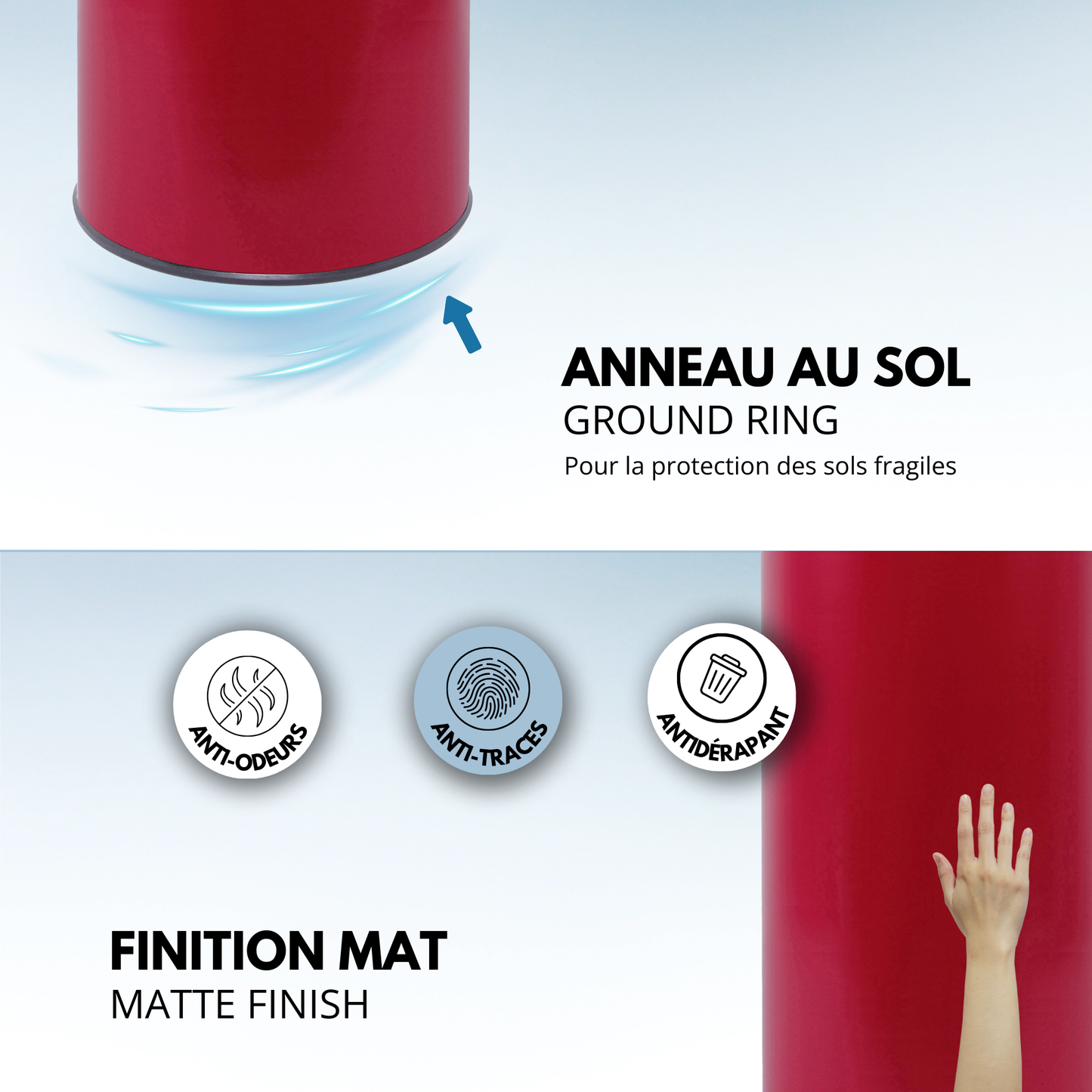 Poubelle de cuisine automatique 42L SOHO Rouge mat en acier INOX avec cerclage