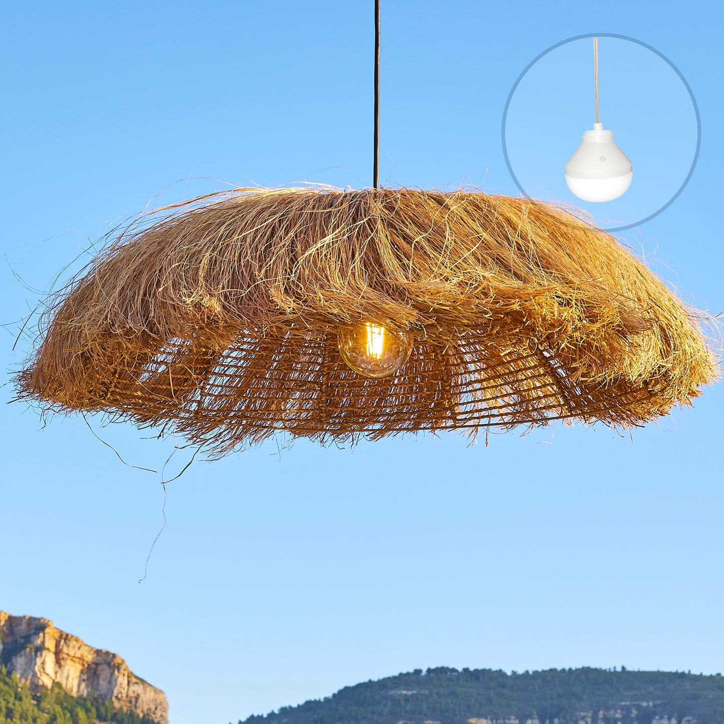 Suspension HAVANA NOMAD en herbe marine style bohème avec ampoule LED blanc/RGB nomade