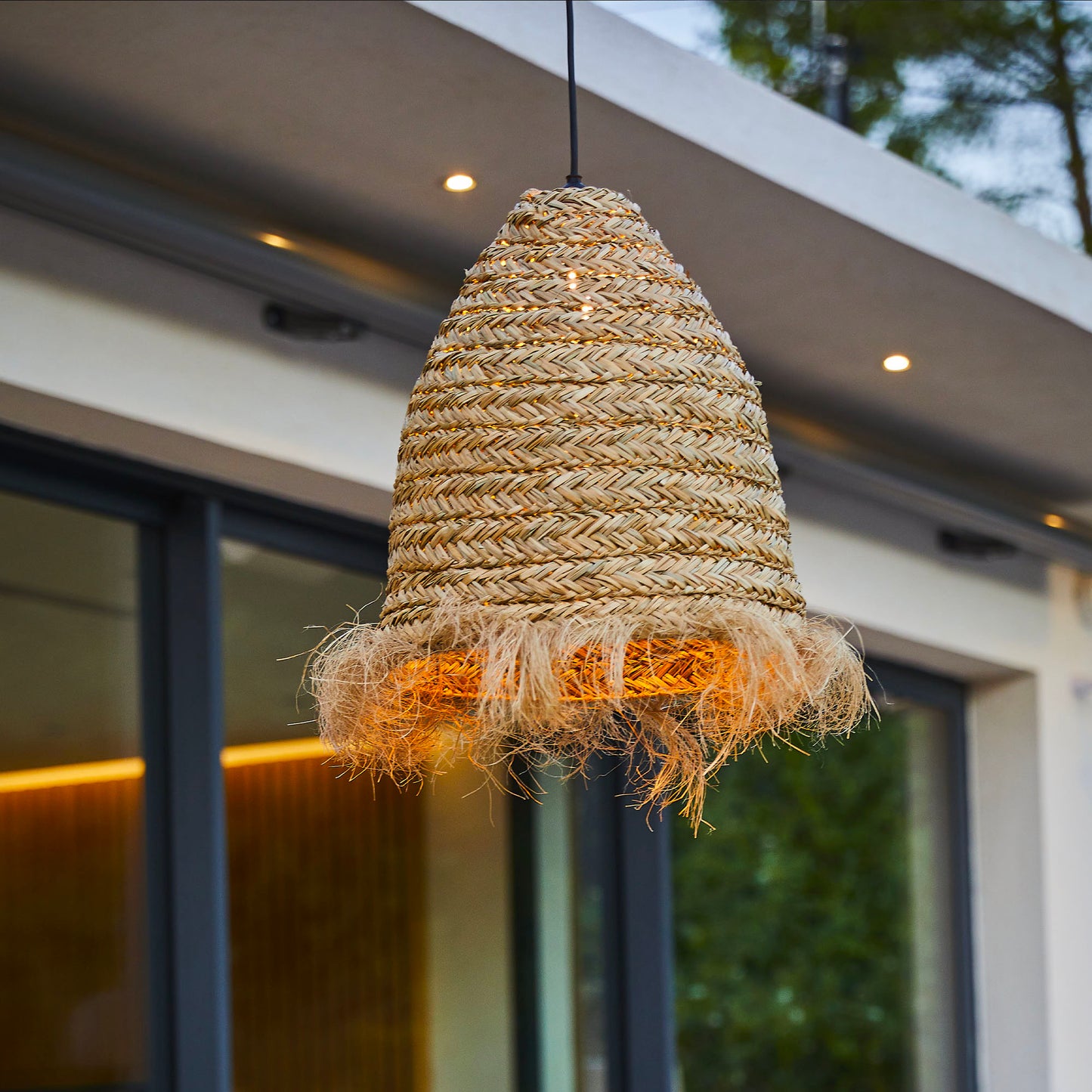 Suspension sur secteur pour l'extérieur ANAFI OUTDOOR CABLE en jonc de mer naturel style bohème 5m de longueur de câble