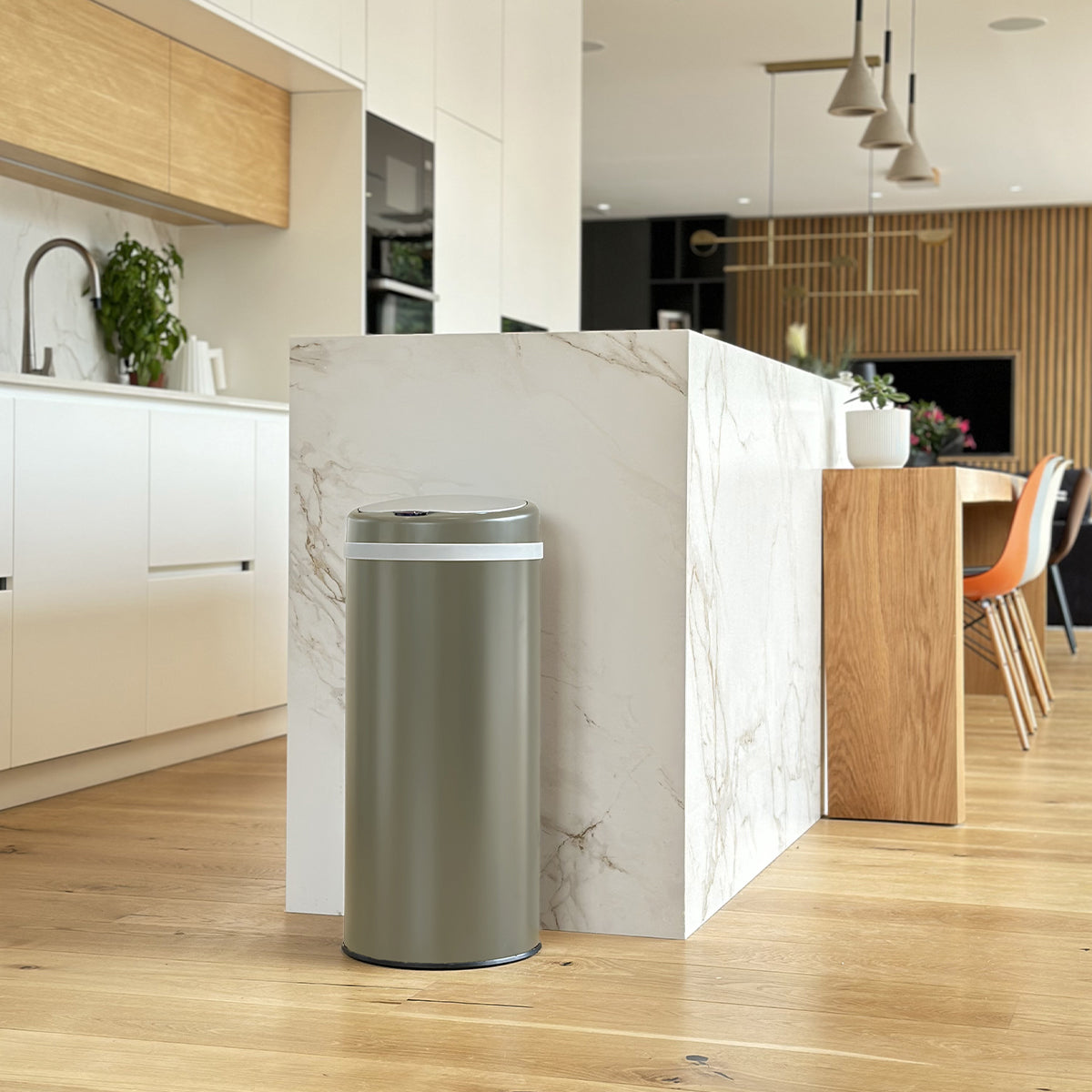 Poubelle de cuisine automatique 42L SOHO Taupe mat en acier INOX avec cerclage