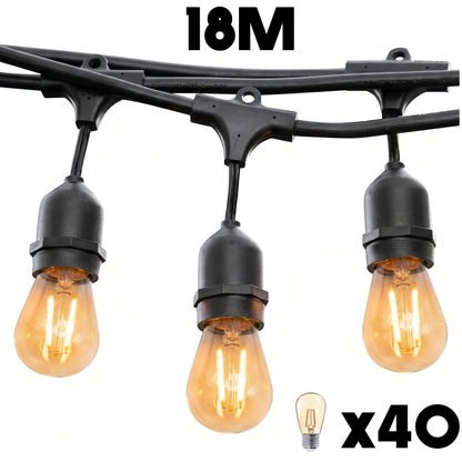 Guirlande lumineuse extérieure raccordable 18m avec 40 ampoules LED filament E27 blanc chaud MAFY LIGHT