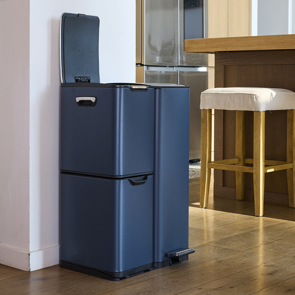 Poubelle de cuisine à pédale tri sélectif recyclage 60L(13+17+30L) HAJA en acier Inox Gris avec seau