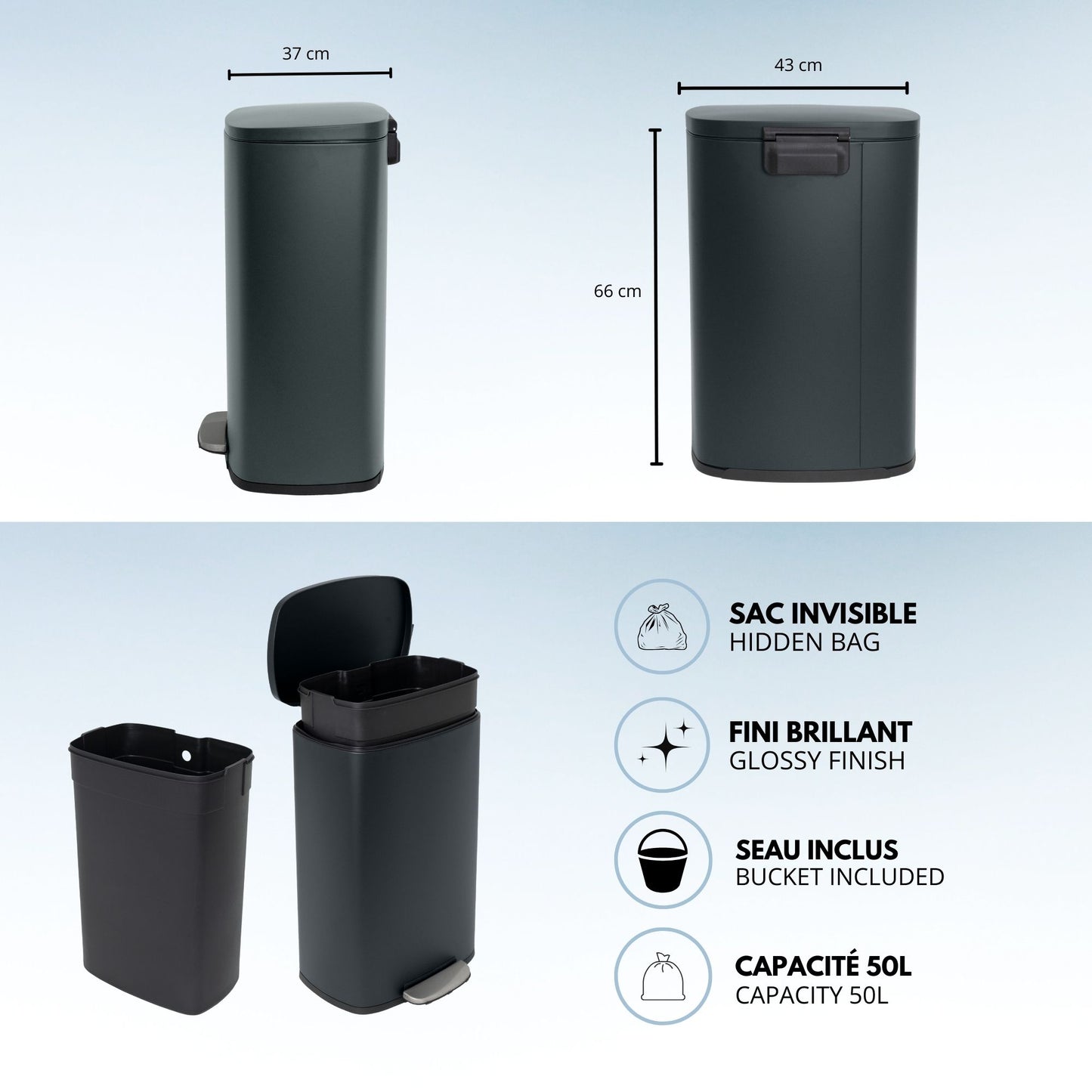 Poubelle de cuisine à pédale 50L Design ADMIRAL Gris mat en acier Inox avec seau et fermeture douce