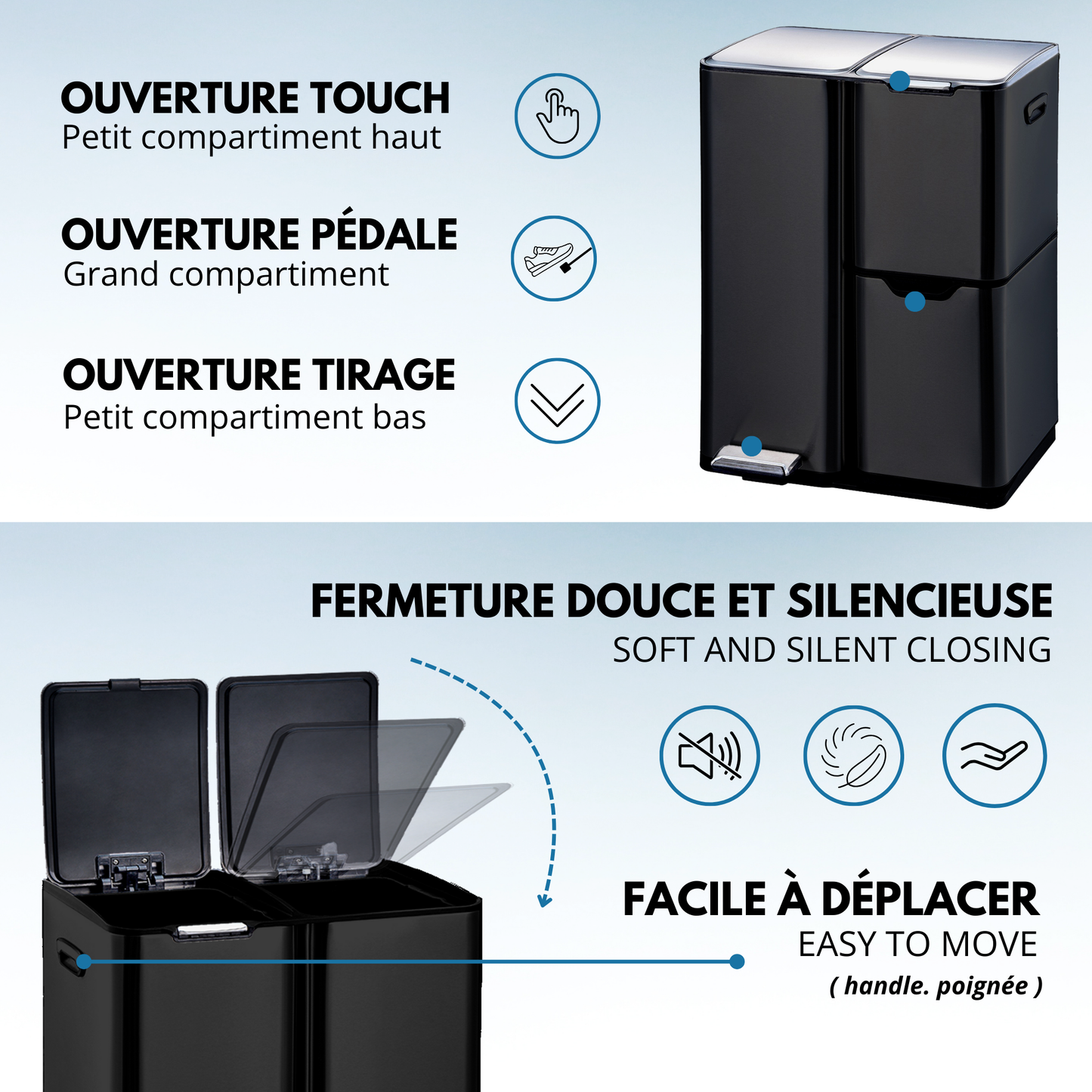 Poubelle de cuisine à pédale tri sélectif recyclage 60L(13+17+30L) HAJA en acier Inox Noir avec seau