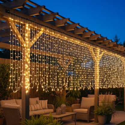 Lot de 2 guirlandes rideaux lumineux solaires 200 LED blanc chaud 8 modes détecteur crépusculaire 2x YOGY CURTAIN 200 2x2m