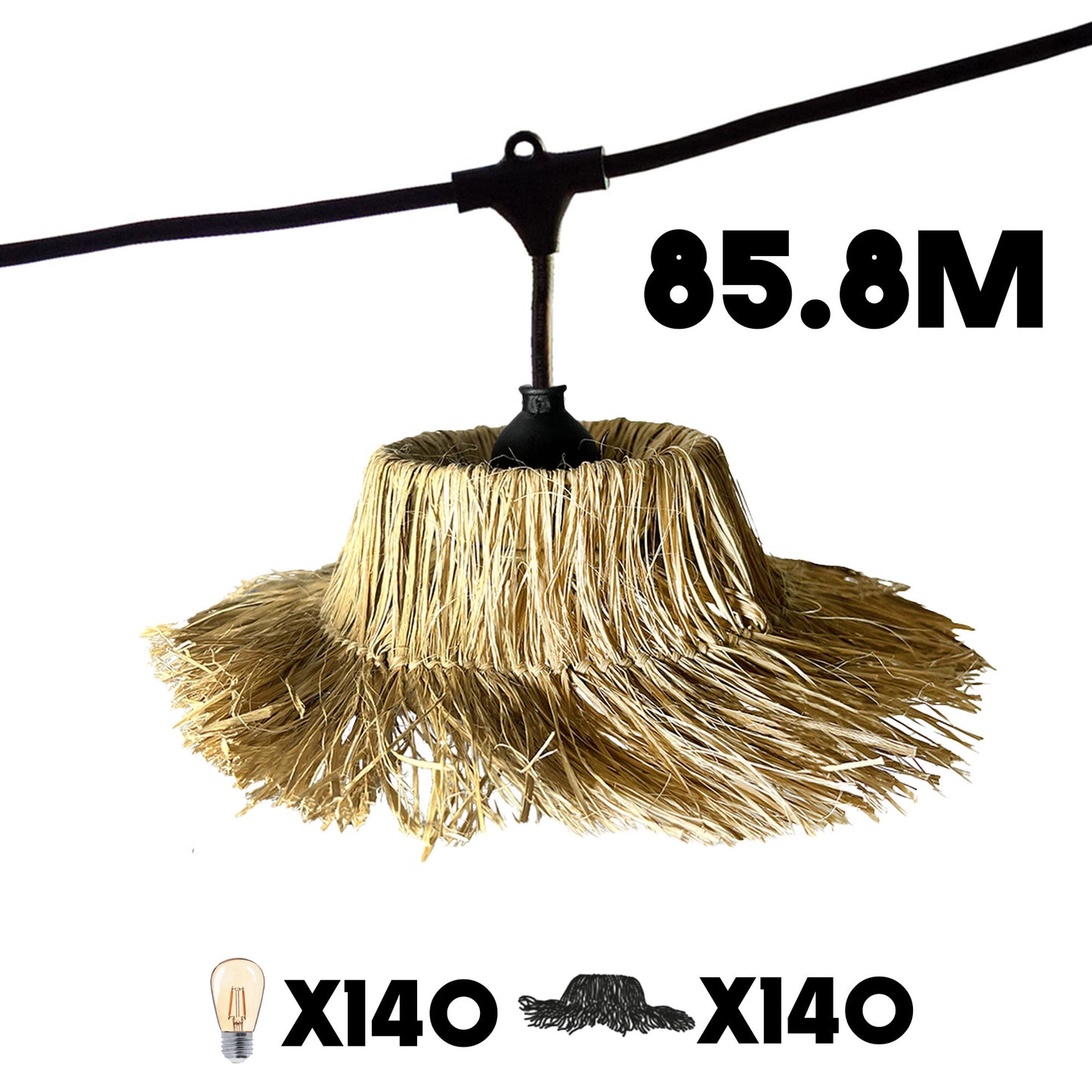 Guirlande lumineuse extérieure raccordable 85.8m avec 140 ampoules LED filament E27 blanc chaud TAHITI LIGHT Abat-jour en paille bohème