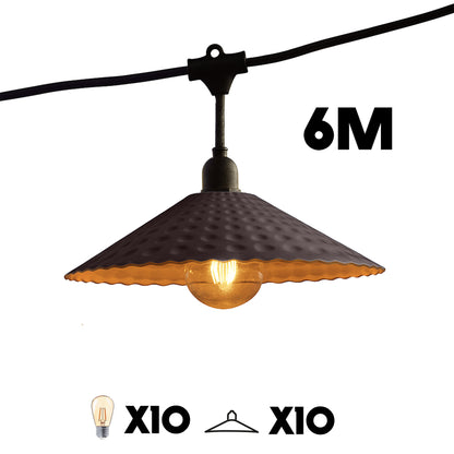 Guirlande lumineuse extérieure raccordable 6m avec 10 ampoules LED filament E27 blanc chaud VINTY LIGHT et abat-jour en métal style vintage