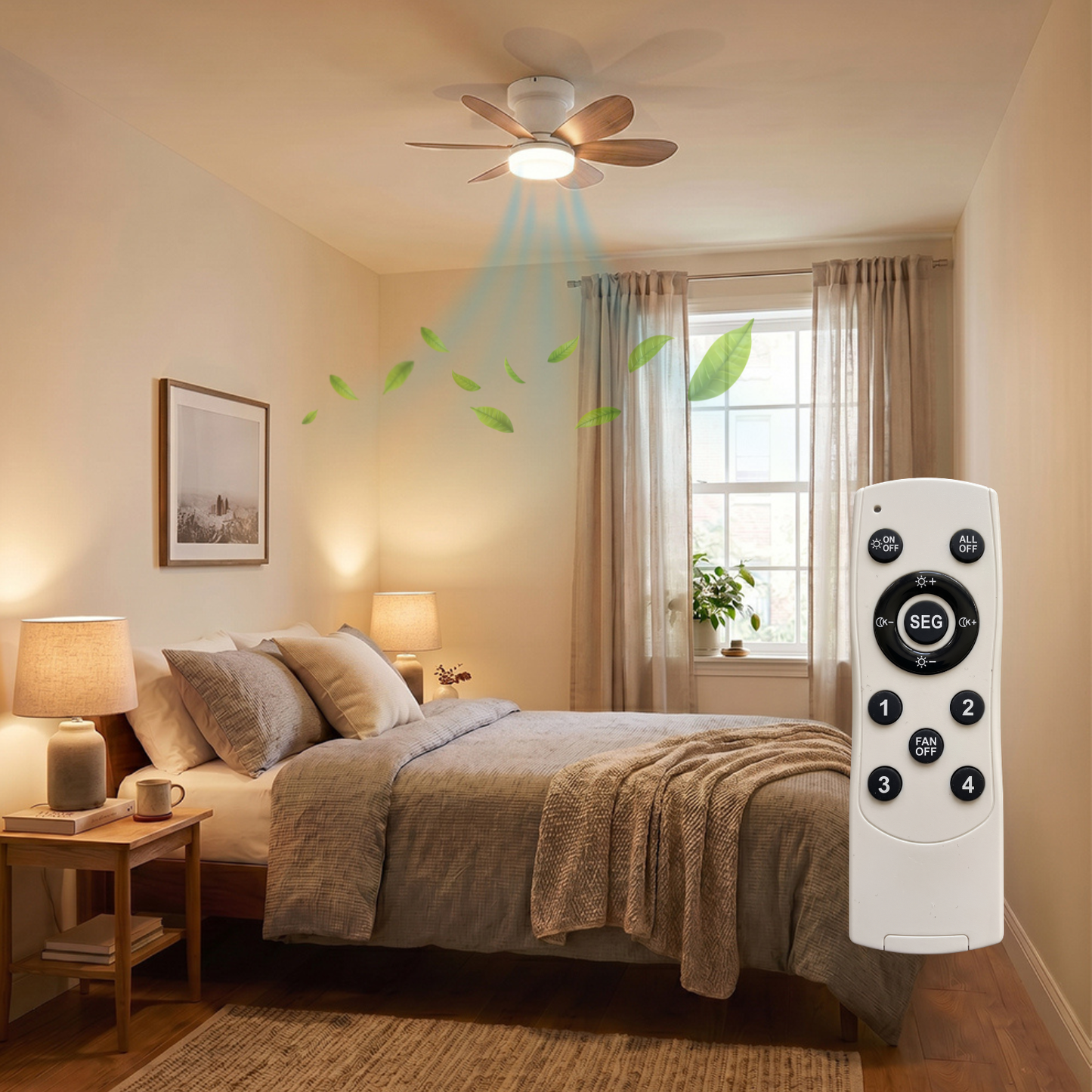 Ventilateur de Plafond 52cm avec Lampe LED MISTRAL Petit Ventilateur Silencieux Chambre Enfant Bureau Cuisine Moteur DC Basse Consommation Réversible Ete Hiver avec Télécommande Couleur bois
