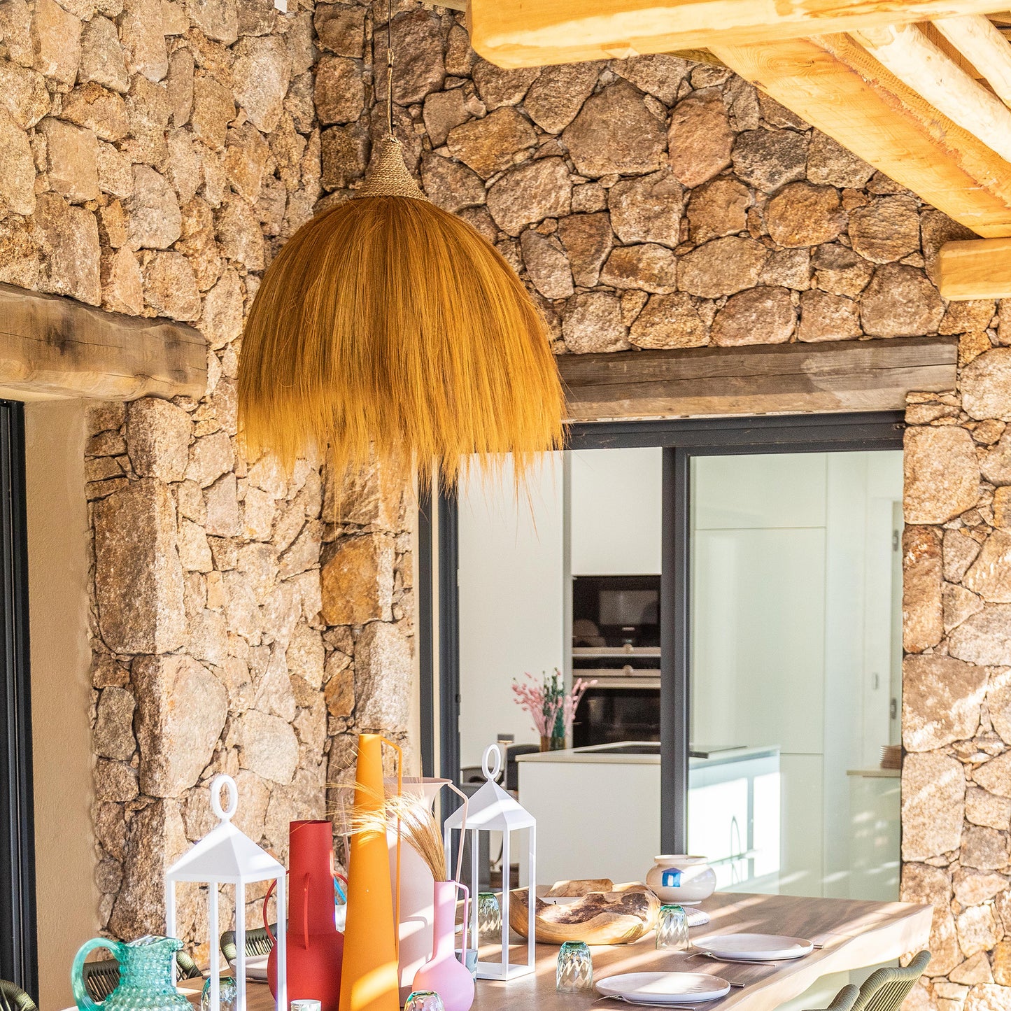 Suspension sur secteur XXL pour l'extérieur BIG MASAI OUTDOOR CABLE en herbe de rayung style bohème 5m de longueur de câble