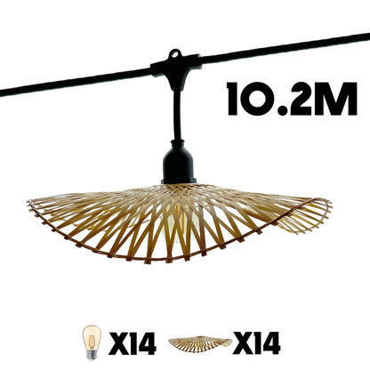 Lot de 2 guirlandes lumineuses extérieur connectables 14 abat-jour bambou style bohème ampoules filament E27 LED blanc chaud 2x SERENITY LIGHT 10m