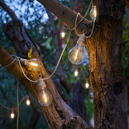 Lot de 2 guirlandes lumineuses solaires et sur secteur raccordables taupe 20 globes transparents LED blanc chaud 2x PARTY MAX CLEAR HYBRID TAUPE 13m