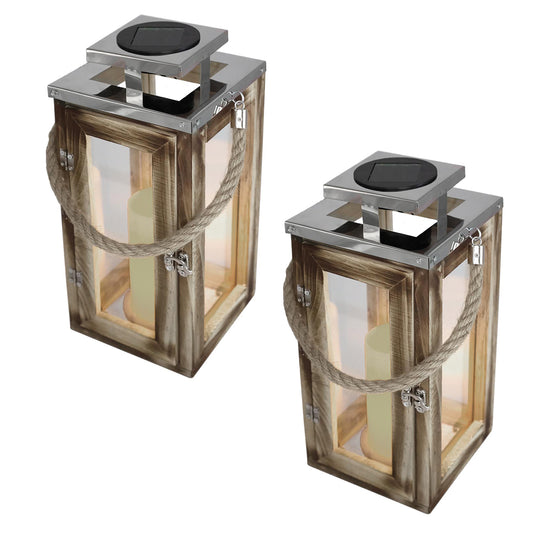 Lot de 2 lanternes solaires décoratives en bois LED blanc très chaud effet bougie 2x OAKY H28cm