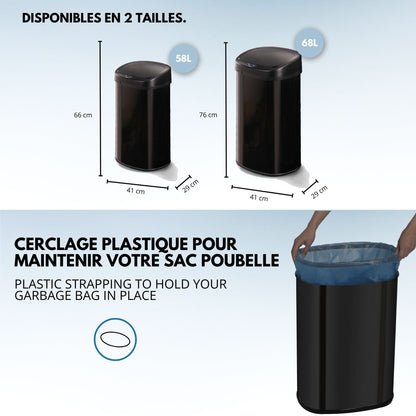 Poubelle de cuisine automatique 58L MAJESTIC grande capacité Noir mat en acier INOX avec cerclage