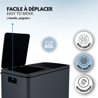Poubelle de cuisine à pédale tri sélectif grande capacité 60L (2x30L) MAJOR en acier Inox Gris mat