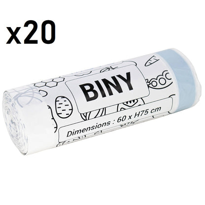 Lot de 20 sacs poubelles blanc 50L 60 x H75 CM BINY Ultra résistant 23 microns avec lien coulissant