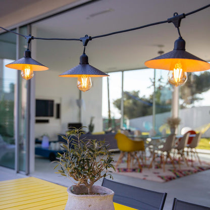 Guirlande solaire lumineuse extérieur avec abat-jour en acier style vintage 10 ampoules à filament douille E27 LED blanc chaud VINTY LIGHT SOLAR 6m