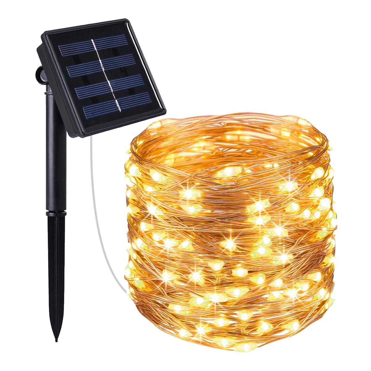 Guirlande lumineuse solaire en cuivre 100 micro LED blanc chaud SKINNY SOLAR 11.90m 8 modes - REDDECO.com