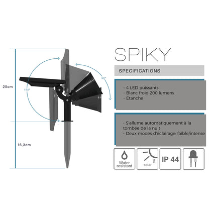 Lot de 4 spots solaires projecteurs 2en1 à piquer ou à fixer éclairage puissant dimmable LED blanc SPIKY H42cm